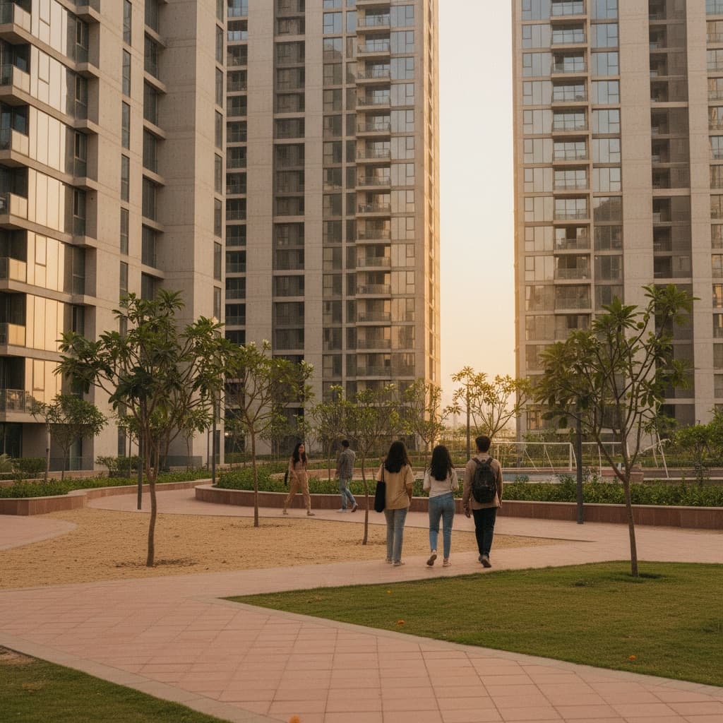 Illustrative scene: New apartment towers and a landscaped courtyard in Gurugram at golden hour